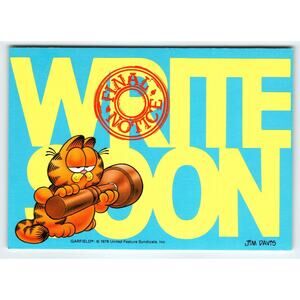 Vintage Garfield Postcard "Write Soon" Final Notice Hammer Unused 1978